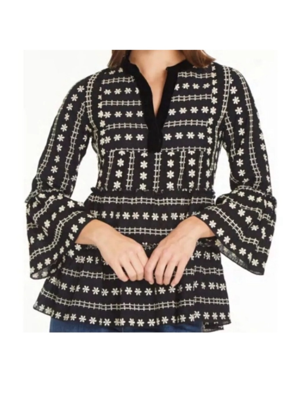 John Mark Black Boho Top with White Floral Embroidery size 1x